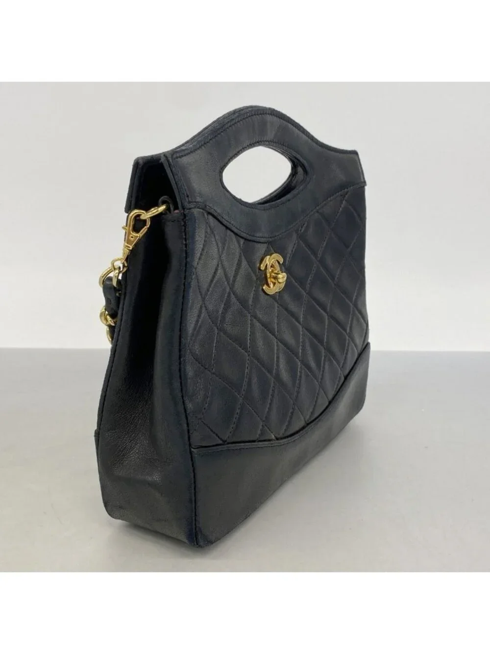 Chanel Handbag Quilted Lambskin Black Gold 2-Way